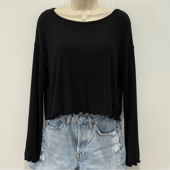 Project Social T Black Bell Sleeve Sweater XS Oversized Lettuce Trim Whimsigoth - Picture 2 of 9